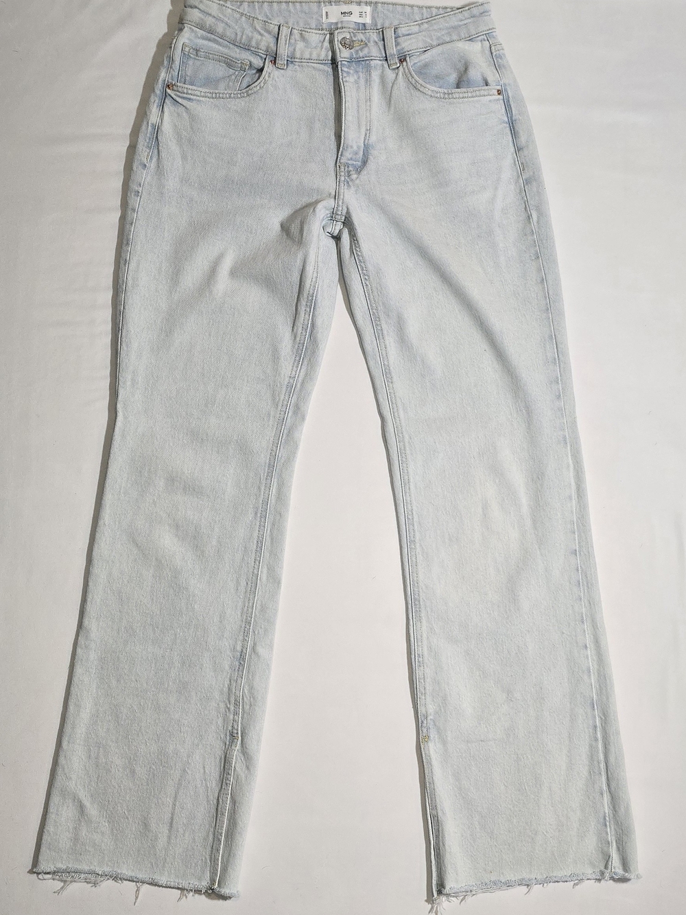 Mango Denim Side Slit Straight Leg Jeans Ice Blue Acid Wash Raw Hem Size 6 Reg
